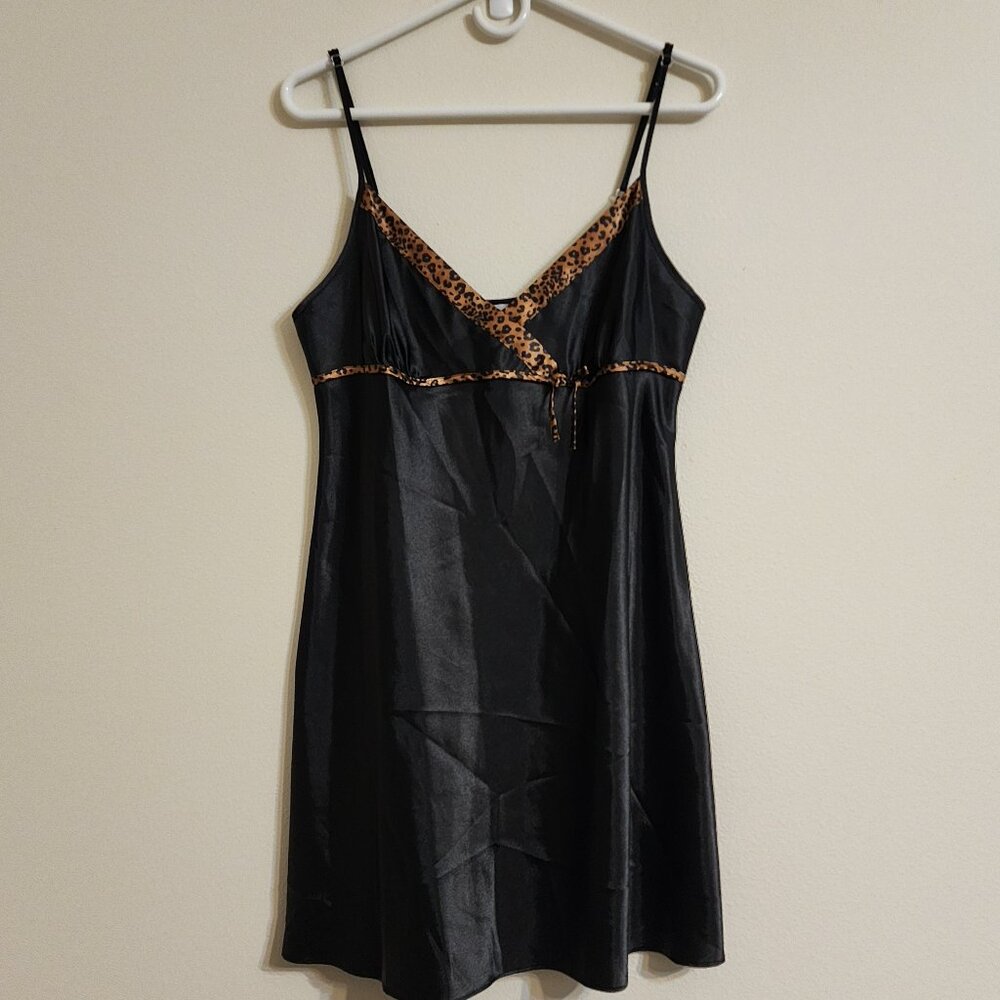 Vtg Morgan Taylor Shiny Black Animal Print Trim Satin Babydoll Nightgown Sz L